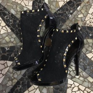 Black lace; gold studded stiletto booties